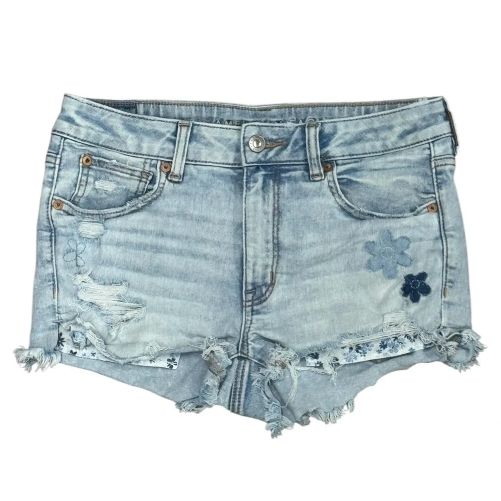 American Eagle Next Level Stretch Blue Raw Hem Cutoff Distressed Daisy Shorts 6